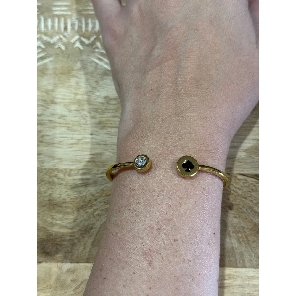 Kate Spade Hinged Cuff Bracelet OS Gold Crystal Spade Logo Preppy Classic - Picture 3 of 3